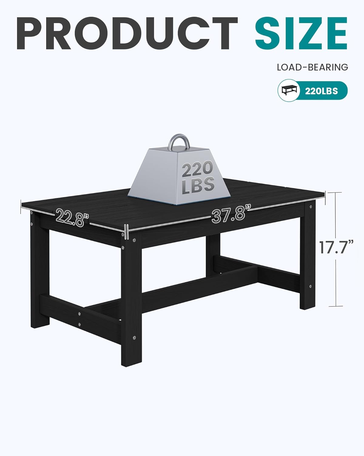 SERWALL HDPE Outdoor Coffee Table, All-Weather Patio Coffee Table, Rectangle Adirondack Outdoor Table Fits with Outdoor Sectional Couch for Outside Deck Porch Lawn, 37.8" x 22.8", Black