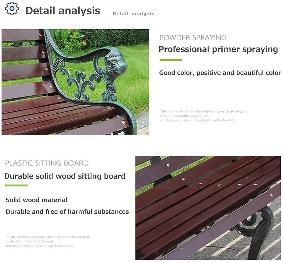 Outdoor Park Garden Bench with Cover, 2-3 Person Wood Patio Bench with Backrest+Armrests Weatherproof, Patio Porch Furniture Cast Iron Frame Bench for Lawn Porch Backyard(Brown+Antique Green)