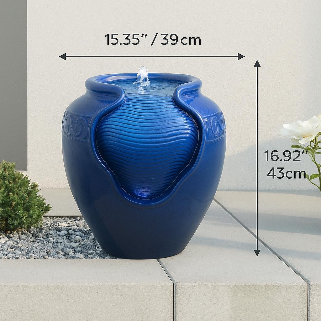Teamson Home Outdoor Water Fountain, Glazed Pot Ceramic Look with LED Lights & Pump, Royal Blue, 16.93” Patio Garden Water Feature, Cascading Zen Fountain for Backyard, Porch, Deck, Home Decor