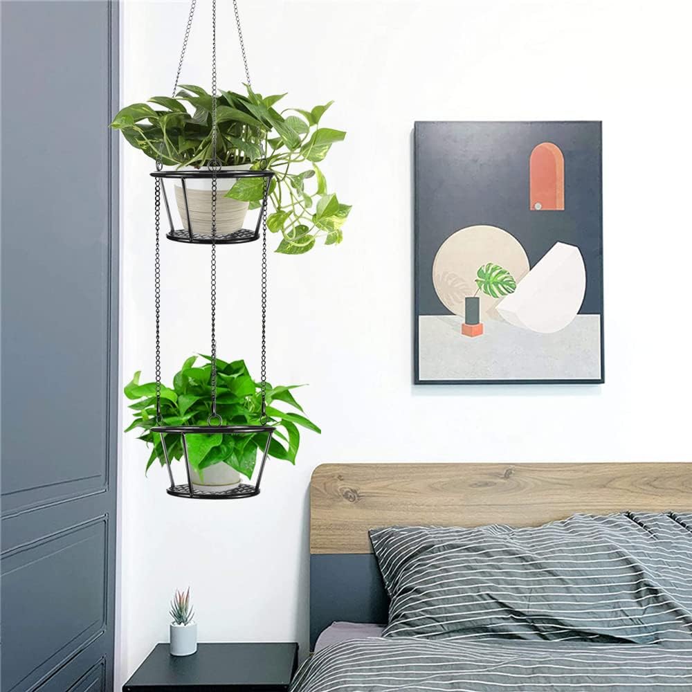 ARTORA 2 Pack Metal Plant Hanger, Modern Plant Hanging Basket Decorative Black Plant Pot Holder Flower Planter Hanging Chain for Balcony Porch Indoor Outdoor Home Decor (Black 2PCS)