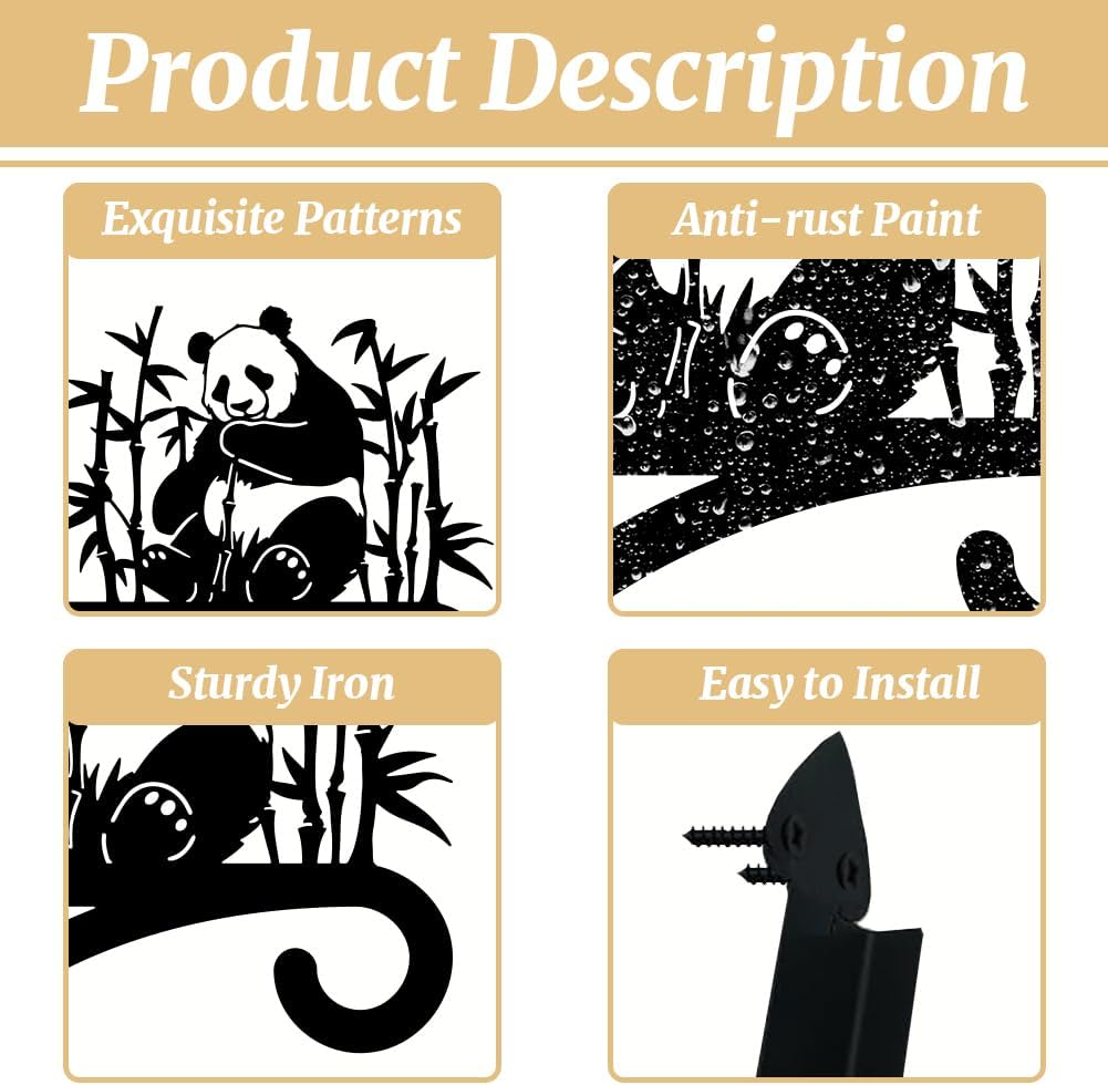 Peacoblue Iron Plant Hangers Holder for Outdoor Indoor Hanging Plants Flower Fern Pots Lantern Bird Feeder Wind Chimes, 12”x14” Weather Resistant Metal Wall Bracket Hooks for Porch Garden House(Panda)