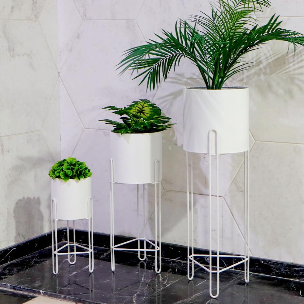 TRIROCKS Set of 3 Planters with Stand Indoor Otdoor Tall Planters for Indoor Plants 29 &22 &12" Morden Planters Flower Pots for Living Room Corner Kitchen Office Garden Balcony Patio Decor(White)