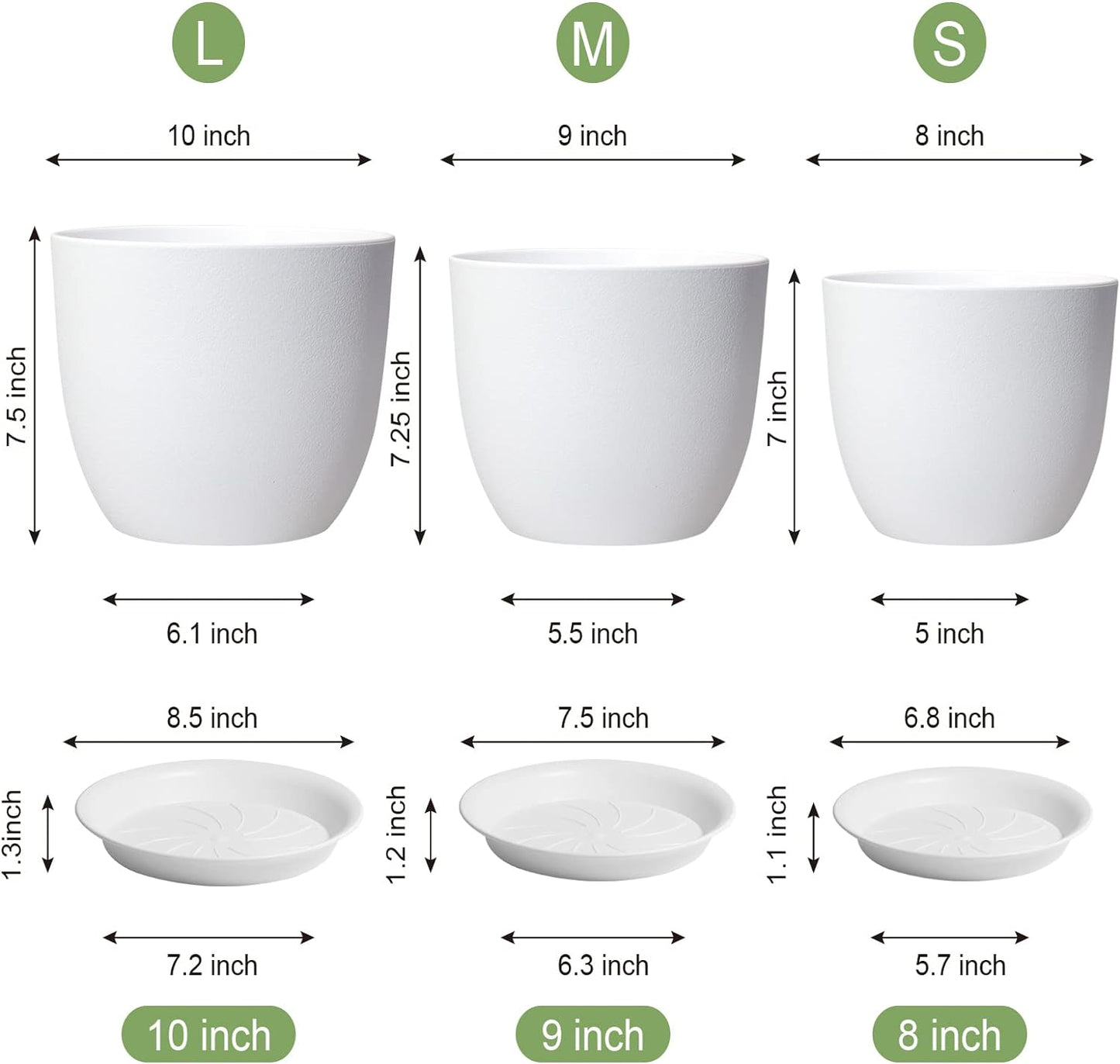 10/9/8 inch Medium Flower Pots, 3 Pack Modern Decorative Plastic Planters with Drainage Holes and Tray, Plant Pots for Indoor Outdoor Plants, White