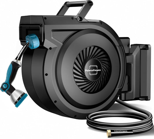 Retractable Garden Hose Reel - 5/8 inch x 80 ft Wall Mounted Hose Reel with 10 Pattern Nozzle & Any Length Lock, Heavy Duty Water Hose Supports Automatic Rewind & 180° Swivel, Black