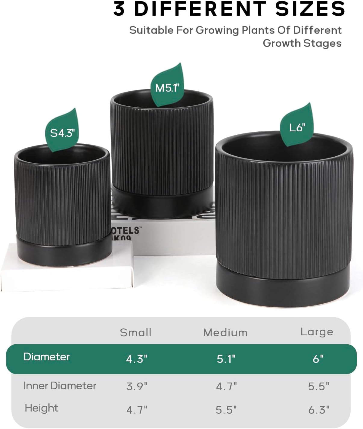 LaDoVita 3 Pack Ceramic Plant Pots 6/5/4 inch, Flowerpot for Indoor Plants with Drainage Holes and Tray, Outdoor Garden Planters, Modern Decorative for Home, Black Vertical Stripes