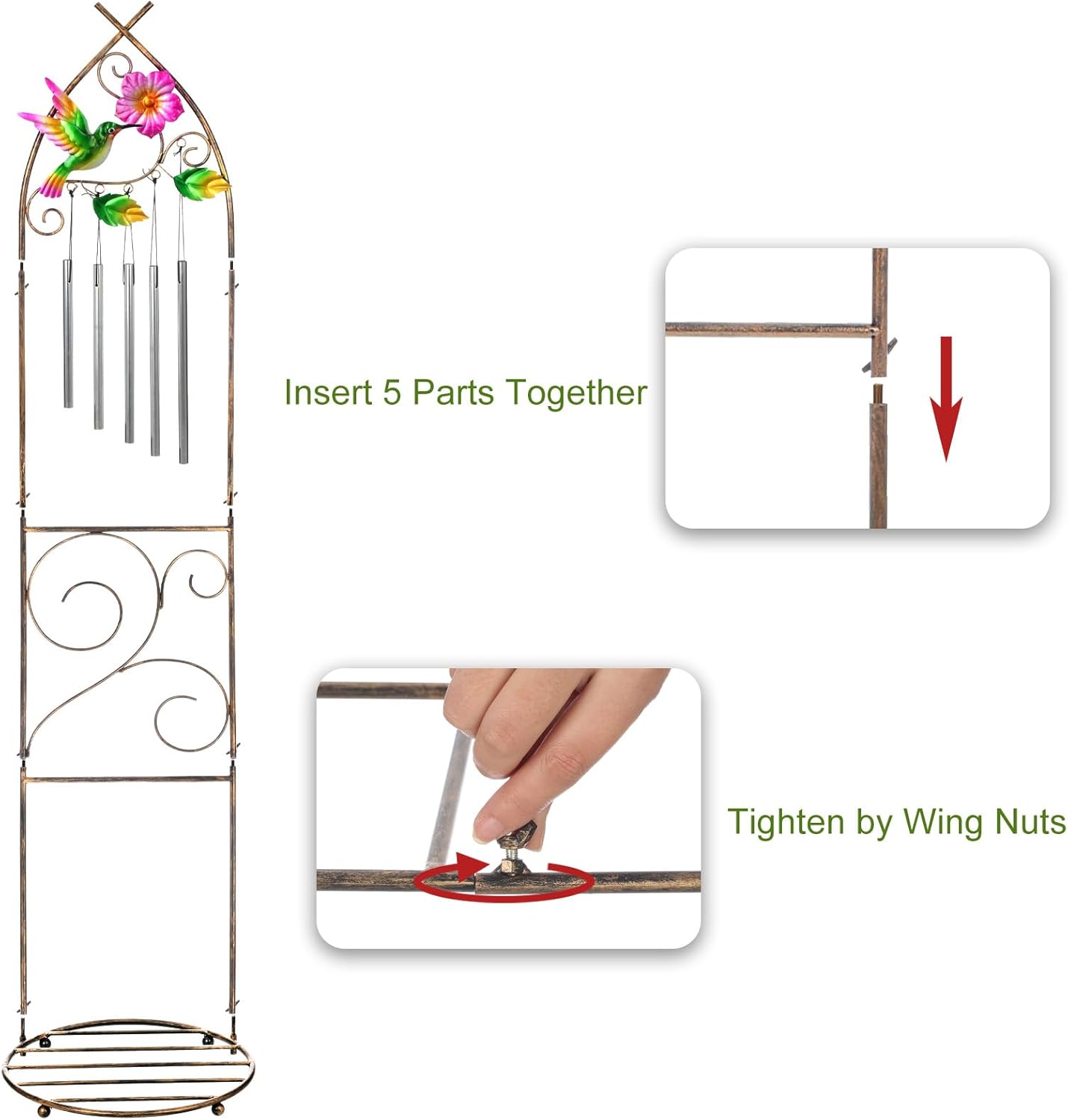 Plant Stands with Garden Trellis, 48” Metal Standing Wind Chimes Plant Pot Trellis with Hummingbird for Garden Patio Backyard Climbing Plants Outdoor Decor