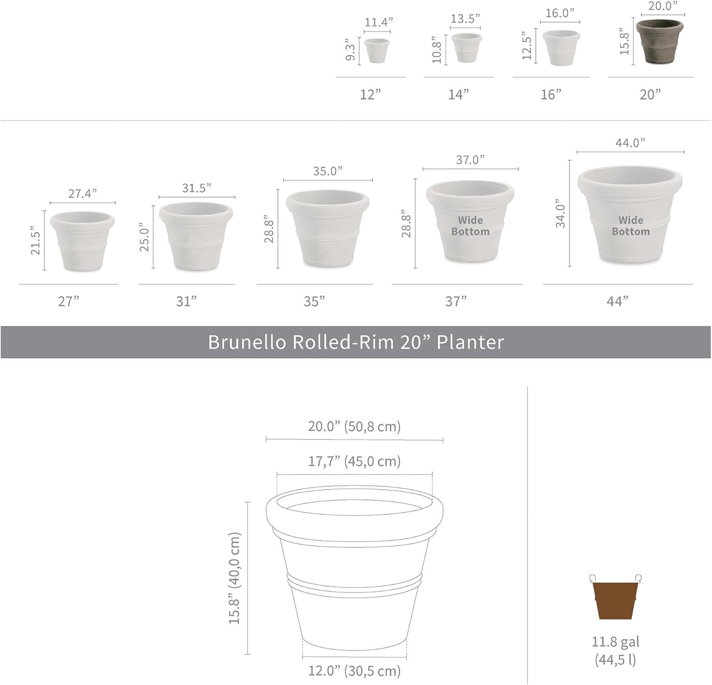 Crescent Garden Brunello Classic Rolled Rim Planter Pot, Indoor/Outdoor Plastic Round Pot - Traditional Planter for Herbs, Plants, Houseplant -14'' (Parchment)