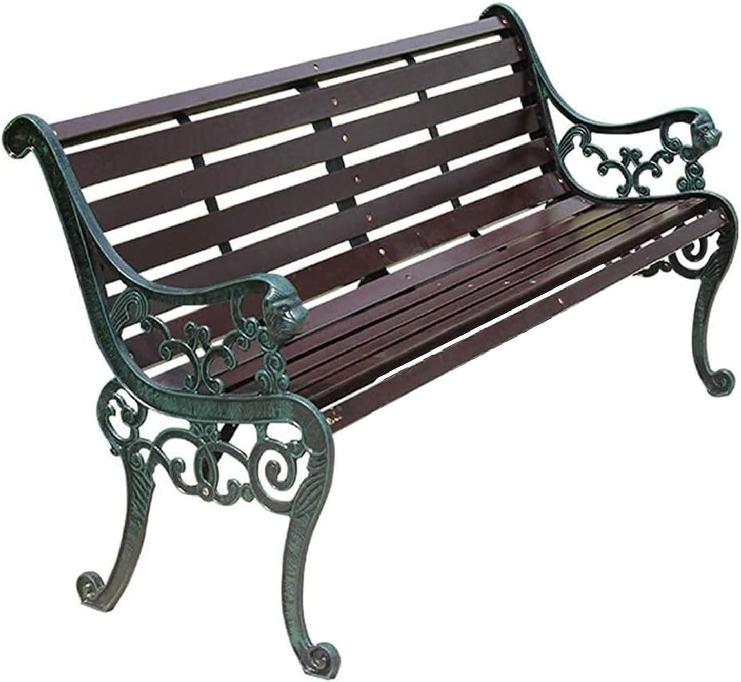 Outdoor Bench, Porch Bench, Garden Park Bench, Cast Aluminum Preservative Wood Bench with Backrest and Armrests for 2-3 People Porch/Deck/Patio Furniture(Brown+Antique Green Legs,125CM)