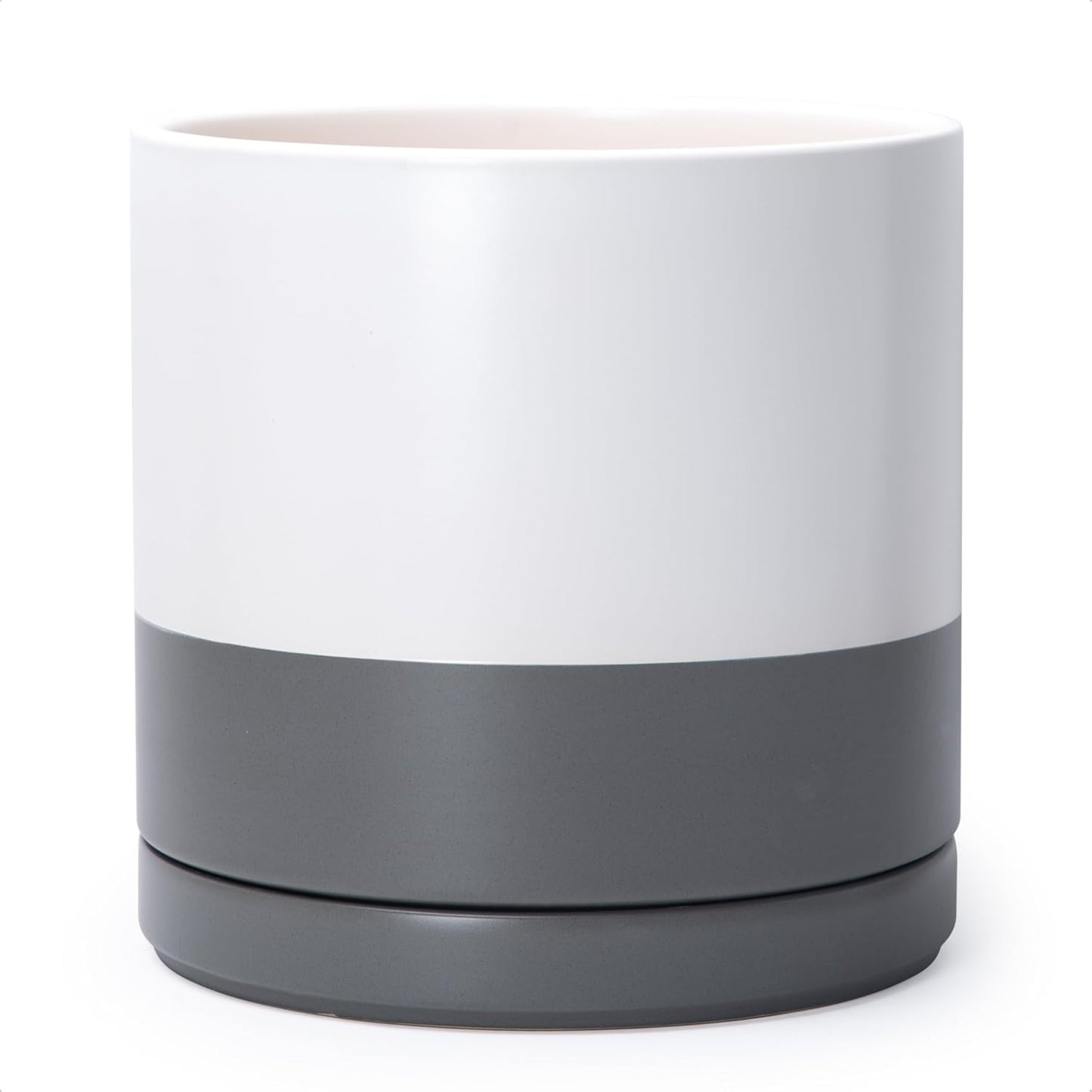 D'vine Dev 12 Inch Ceramic Planter Pot with Drainage Hole and Saucer, Indoor Cylinder Round Planter Pot, White/Speckled Grey, 94-O-F-6