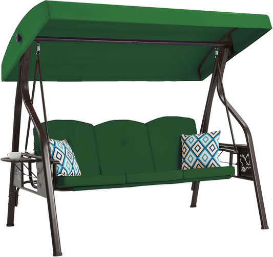3-Seat Outdoor Porch Swing with Stand Patio Swing with Canopy 2 in 1 Porch Swing Bed & Patio Swing Chair for Adult w/Extra Pillows and Cup Holder for Yard(Green)