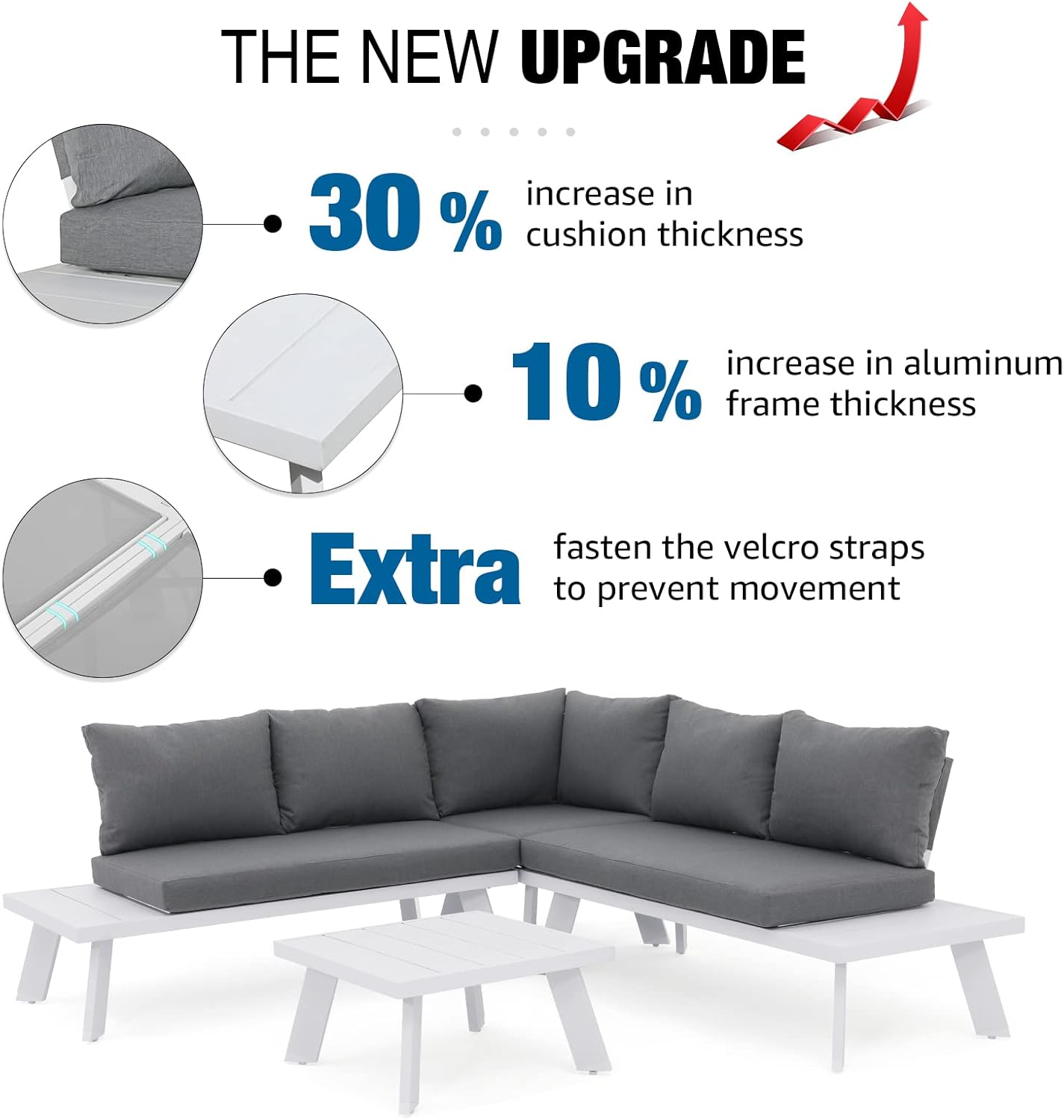 Soleil Jardin 4-Piece Outdoor Patio Furniture Set L-Shaped Aluminum Sectional Sofa with Coffee Table All-Weather Patio Conversation Set with Cushions, White