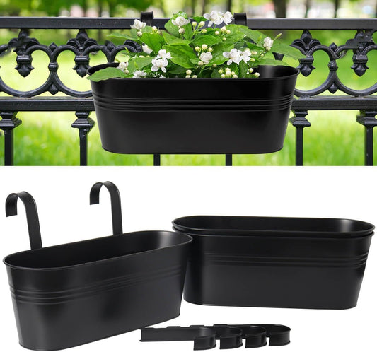 vensovo 16 Inch Railing Planter for Outdoor Plants - 3 Pack Large Metal Balcony Hanging Planters with Detachable Hooks and Drain Holes Oval Box Rail Pots for Home Garden Fence, Black