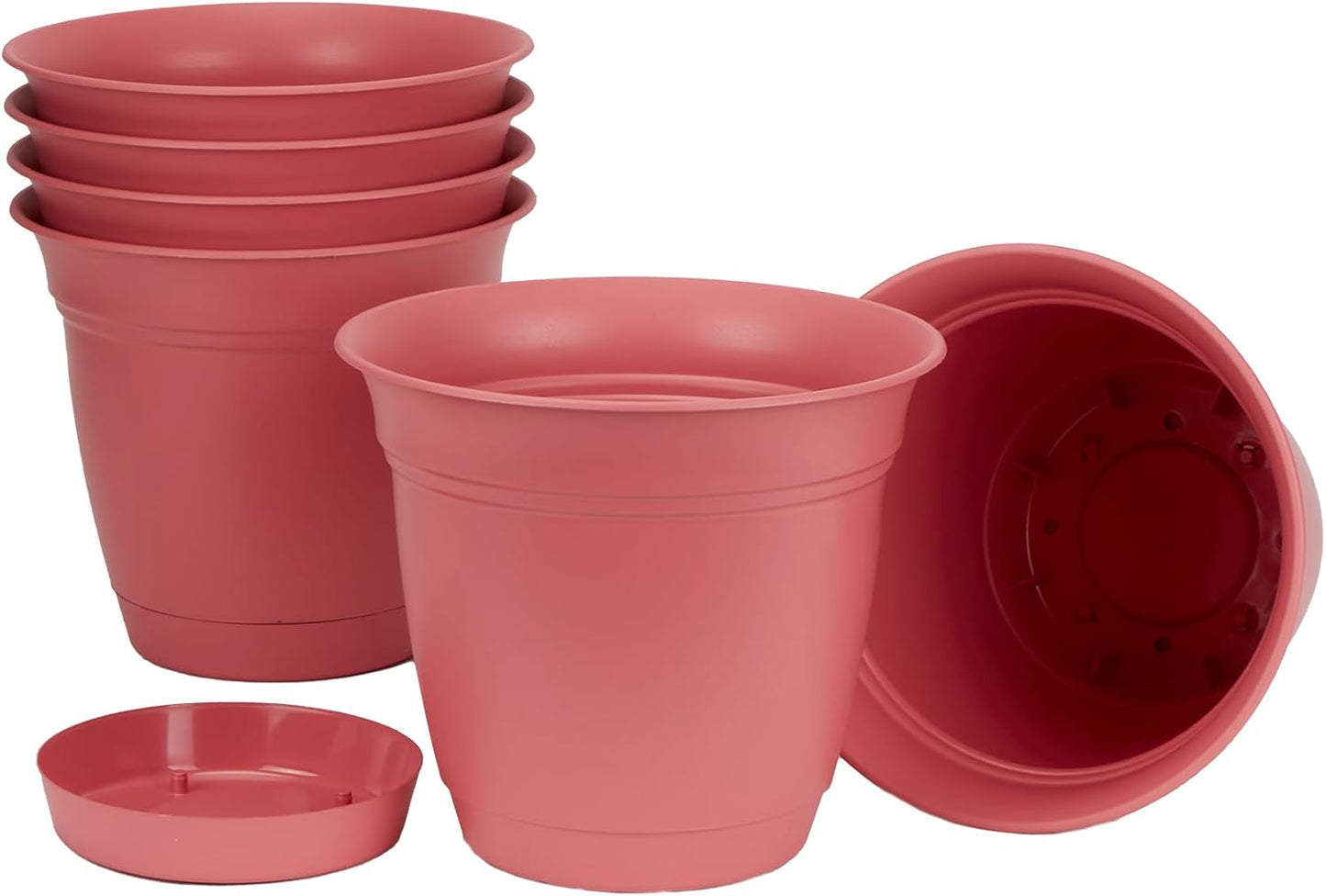 The HC Companies Eclipse Round Planter with Saucer - Outdoor & Indoor Plant Pot with Drainage Holes - Lightweight, UV-Resistant Plastic Pots for Plants, Flowers & Herbs (8" Rose, Pack of 6)