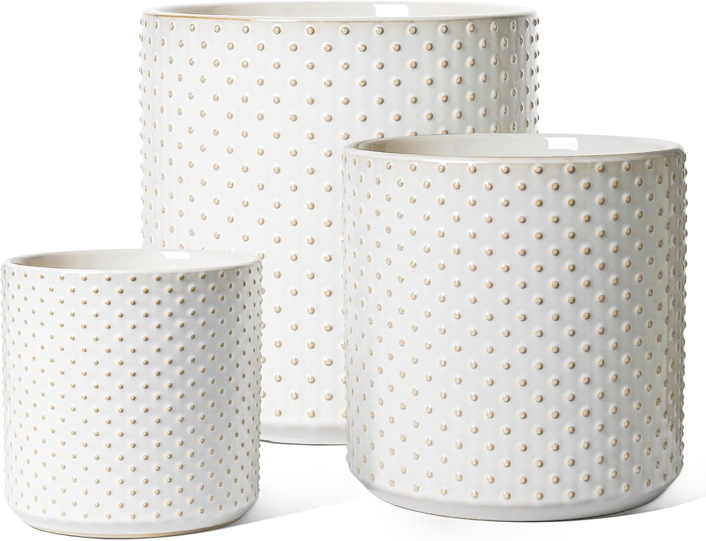 LE TAUCI Ceramic Plant Pots Indoor, 10+8+6 Inch Planters for Indoor Plants, Raised Dots Flower Pots with Drainage Hole and Plug, Cylinder Round Planters, Set of 3, Glaze Arctic White
