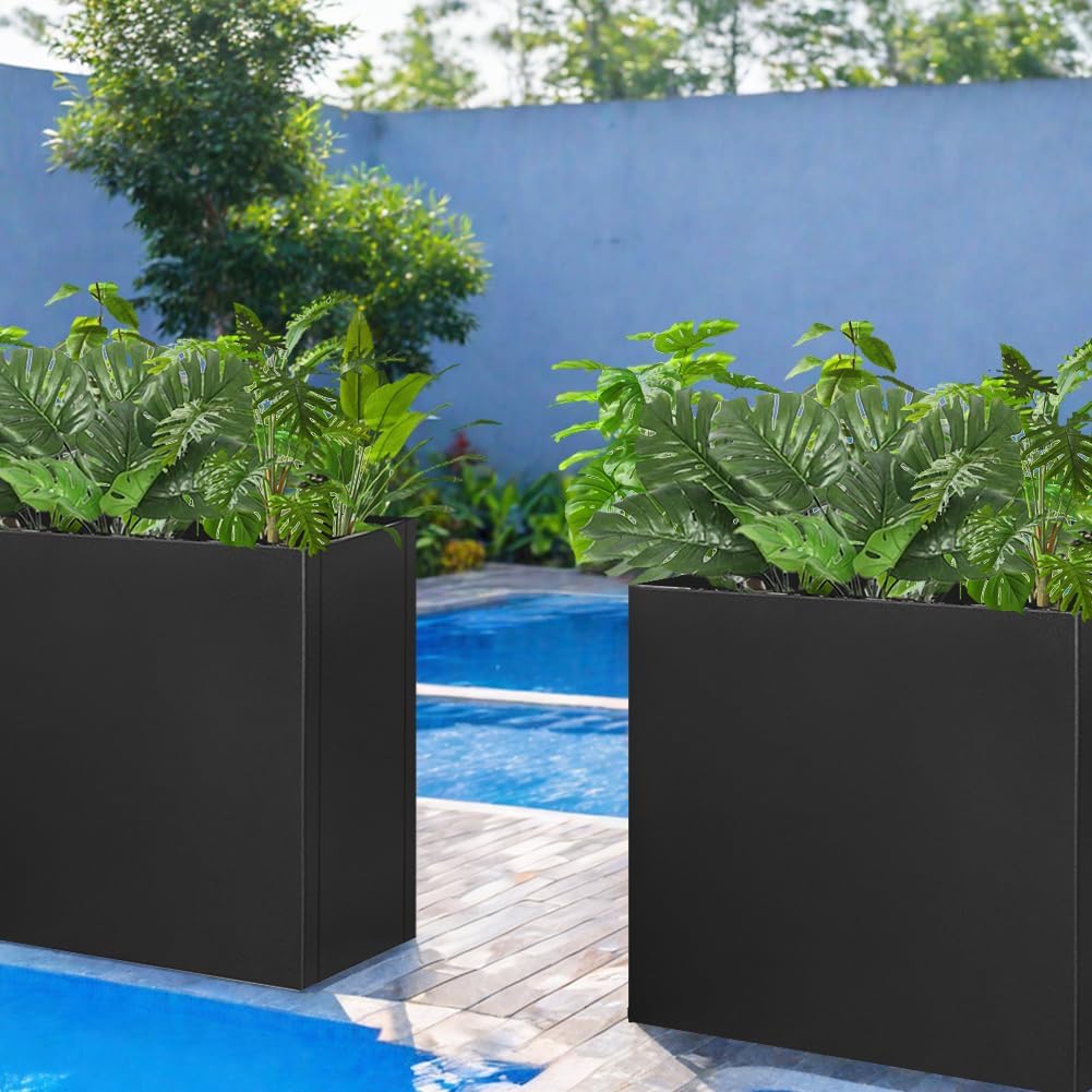 Metal Tall Long Planter Box Large Rectangular Planter Flower Pot with Drainage Holes for Indoor Outdoor Deck Porch Garden Home Patio Front Door (Black, S)