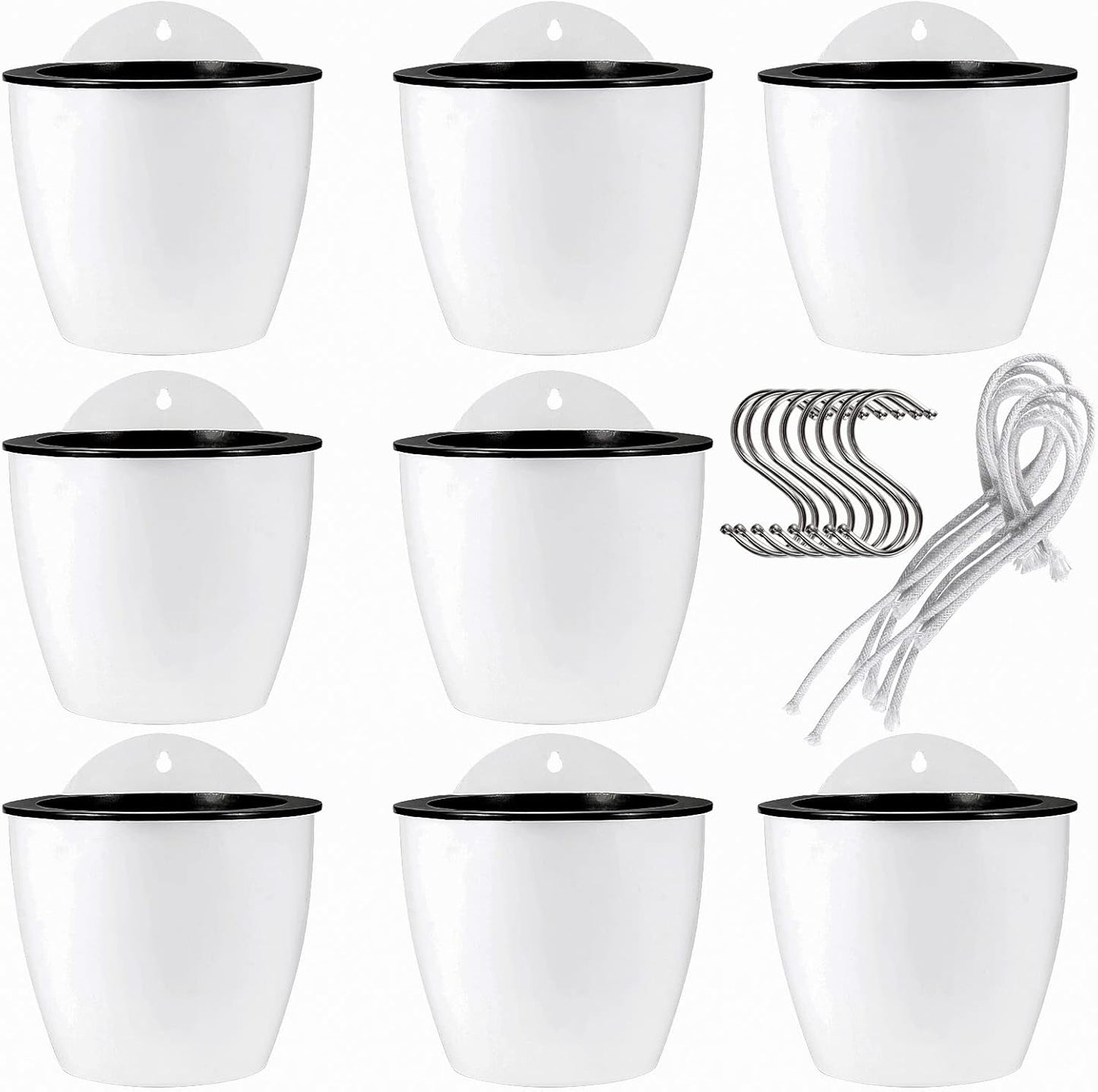 JAPCHET 8 Pack 7 Inch Self Watering Hanging Planters, Wall Hanging Plastic Planter Pot with 8 Hooks, Lazy Flower Pots for Indoor Outdoor Window Wall Plants, White