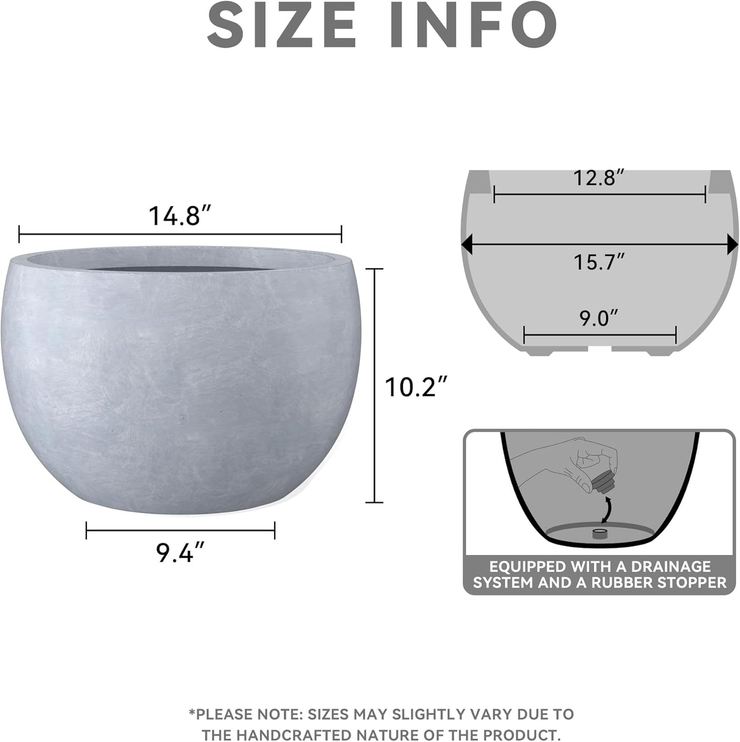 Kante 15.7" Dia Round Concrete Planter, Outdoor/Indoor Large Bowl Plant Pots with Drainage Hole and Rubber Plug for Garden Patio Balcony Home, Slate Gray