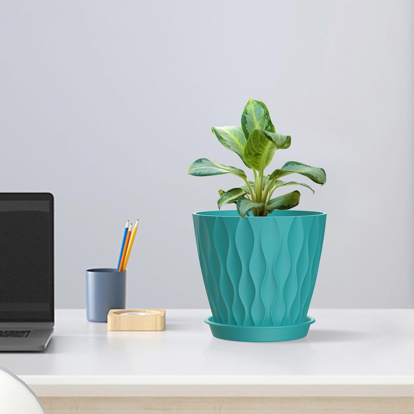 6 inch Flower Pots, 5 Pack Plant Pots for Indoor Plants, Water Ripples Plastic Planters with Drainage Holes and Saucers, Nursery Pots for Small Succulent Garden House Plants, Blue Green