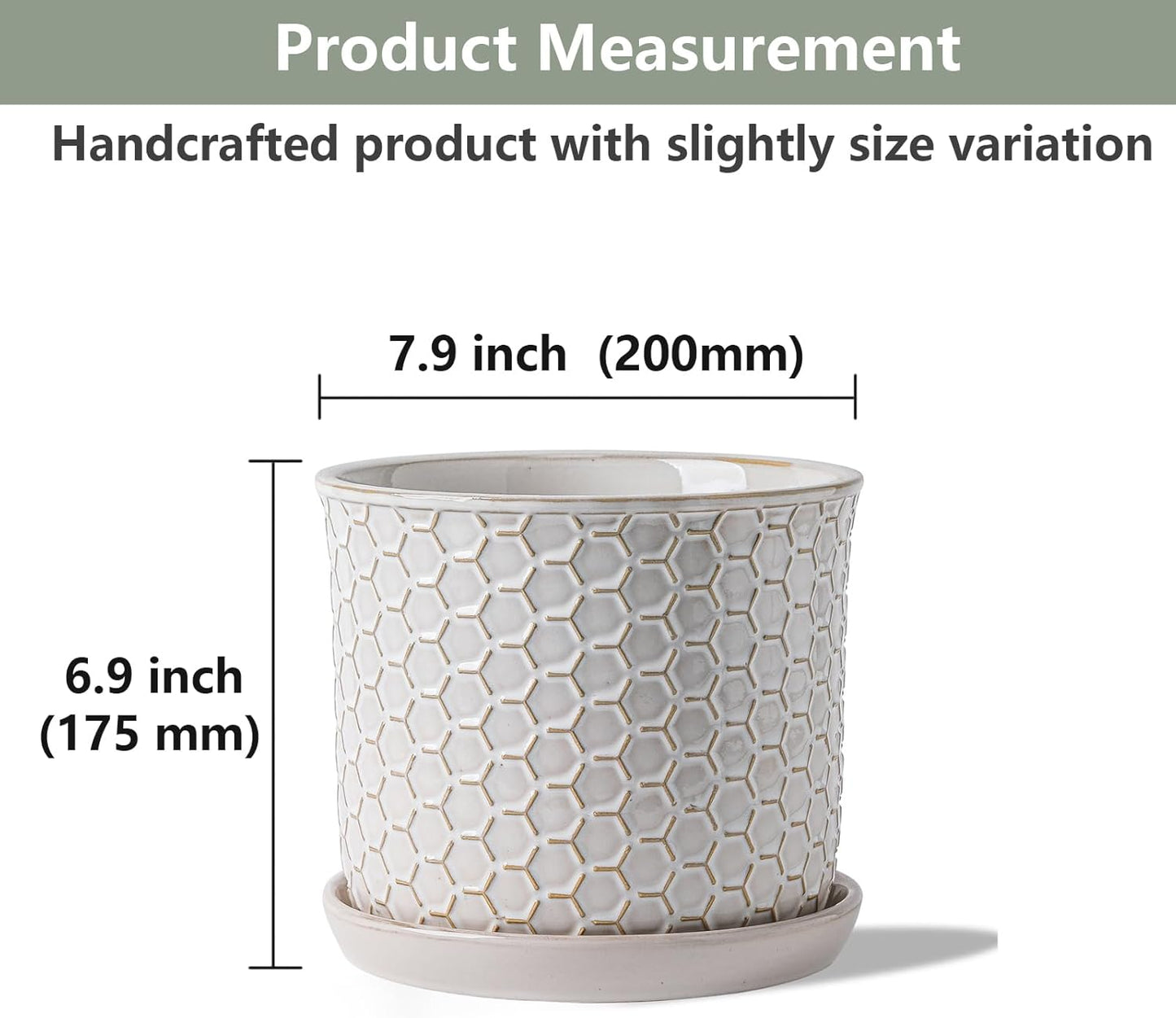 8 Inch Plant Pot: Ceramic Planter with Drainage Hole & Saucer - Flowerpot for Indoor & Outdoor Plants with Separate Tray for Home & Office - Honeycomb Design, Cream White