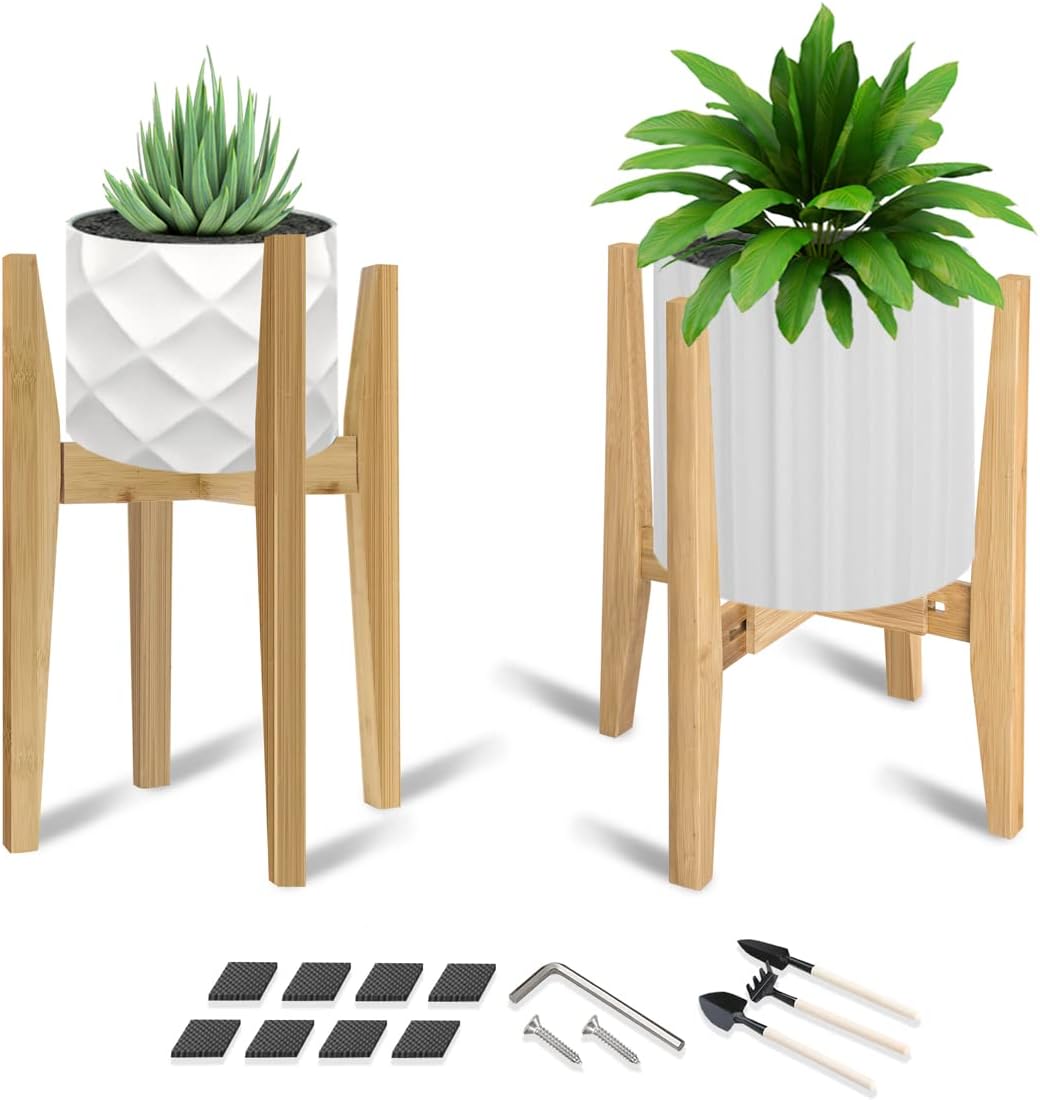 OERGKE 2 PACK Adjustable Plant Stand Indoor, Bamboo Mid Century Modern Plants Stands, Corner Flower Holder for Living Room, Fits 8 to 12 Inches Pots, (Pot & Plant Not Included)(Nature)