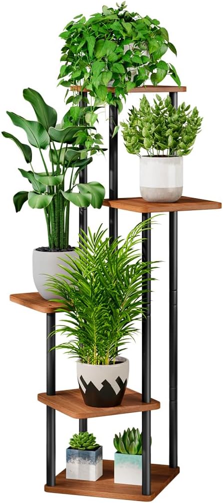 AZERPIAN Plant Stand 5 Tier Indoor Metal Flower Shelf for Multiple Plants Corner Tall Flower Holders for Patio Garden Living Room Balcony Bedroom, Walnut (5 Tier-Walnut)