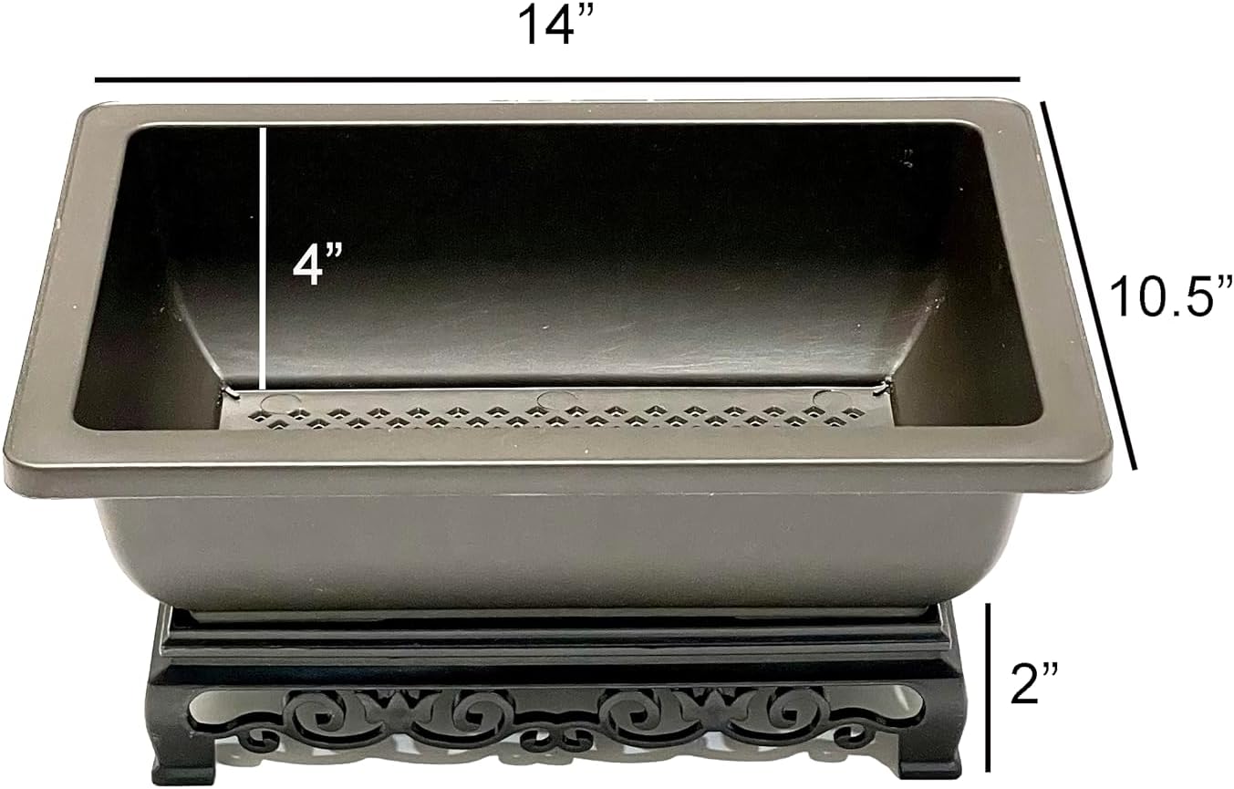 Bonsai Pot – 2-Pack 14 Inch Large Bonsai Training Pot with Eelegant Stand – Rectangular Bonsai Pots with Mesh Drainage – Luxurious Bonsai Tree Pots Indoor Made with Recycled Plastic