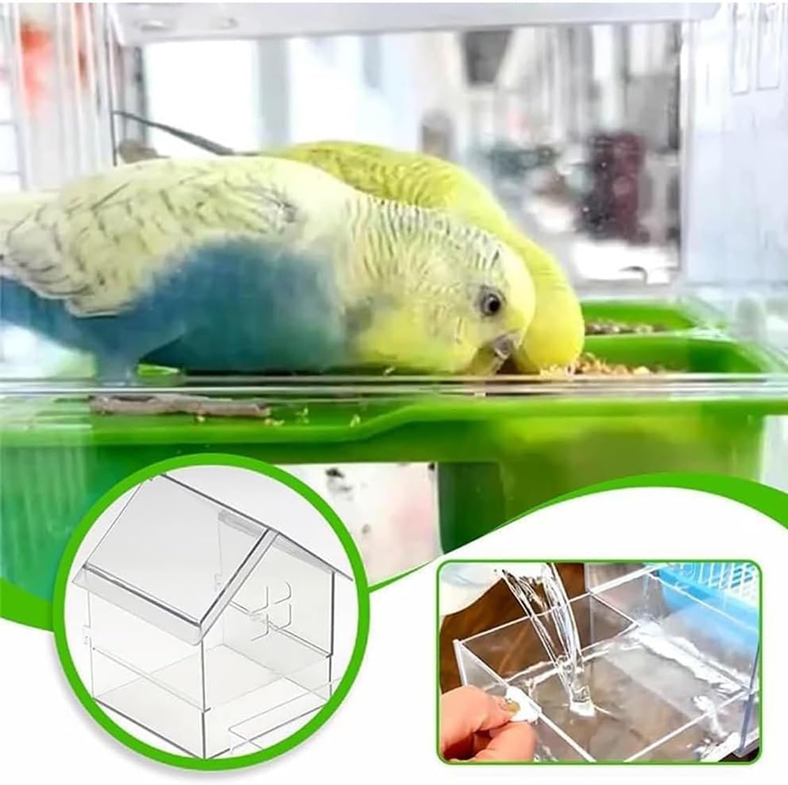 2026 New Pull-Out External Parrot Feeder, Bird Bath for Cage, 7*6*5.5in Bird Feeder House, Transparent Parakeet Cage Accessories, Easy To Fill, Clean, Long-Lasting, for Finch and Hummingbird (Green)