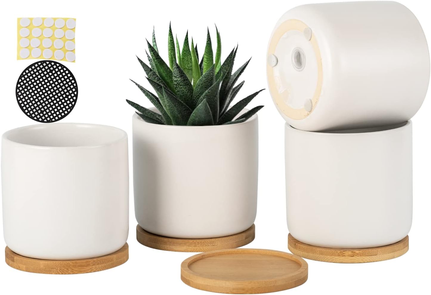 OMAYKEY 4 Inch Ceramic Plant Pot with Saucer, White Planters Pots with Drainage Hole and Mesh Pads for Succulent, Snake, Cactus, Herbs - 4 Packs(Plant Not Included)