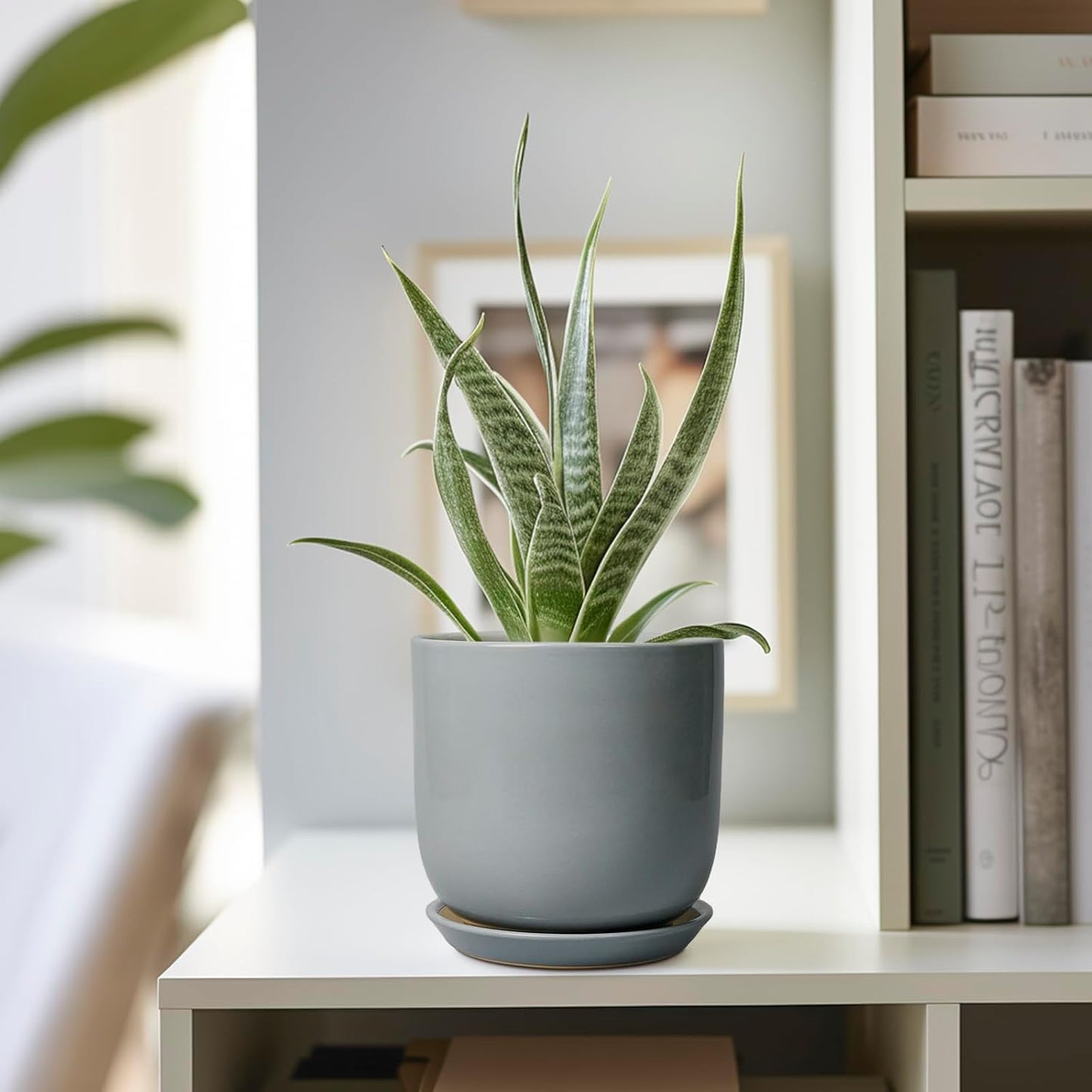 Ceramic Plant Pot 5 Inch - Modern Succulent Planter for Outdoor Indoor Plants with Drainage Hole and Saucer, Modern Home Decor, Gray