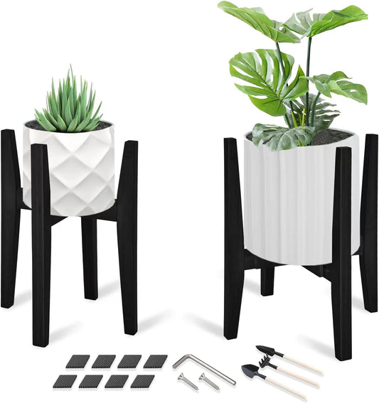 OERGKE 2 Pack Plant Stand Indoor, Adjustable Bamboo Mid Century Modern Plants Stands, Corner Flower Holder for Living Room, Fits 8 to 12 Inches Pots, (Pot & Plant Not Included)(Black)