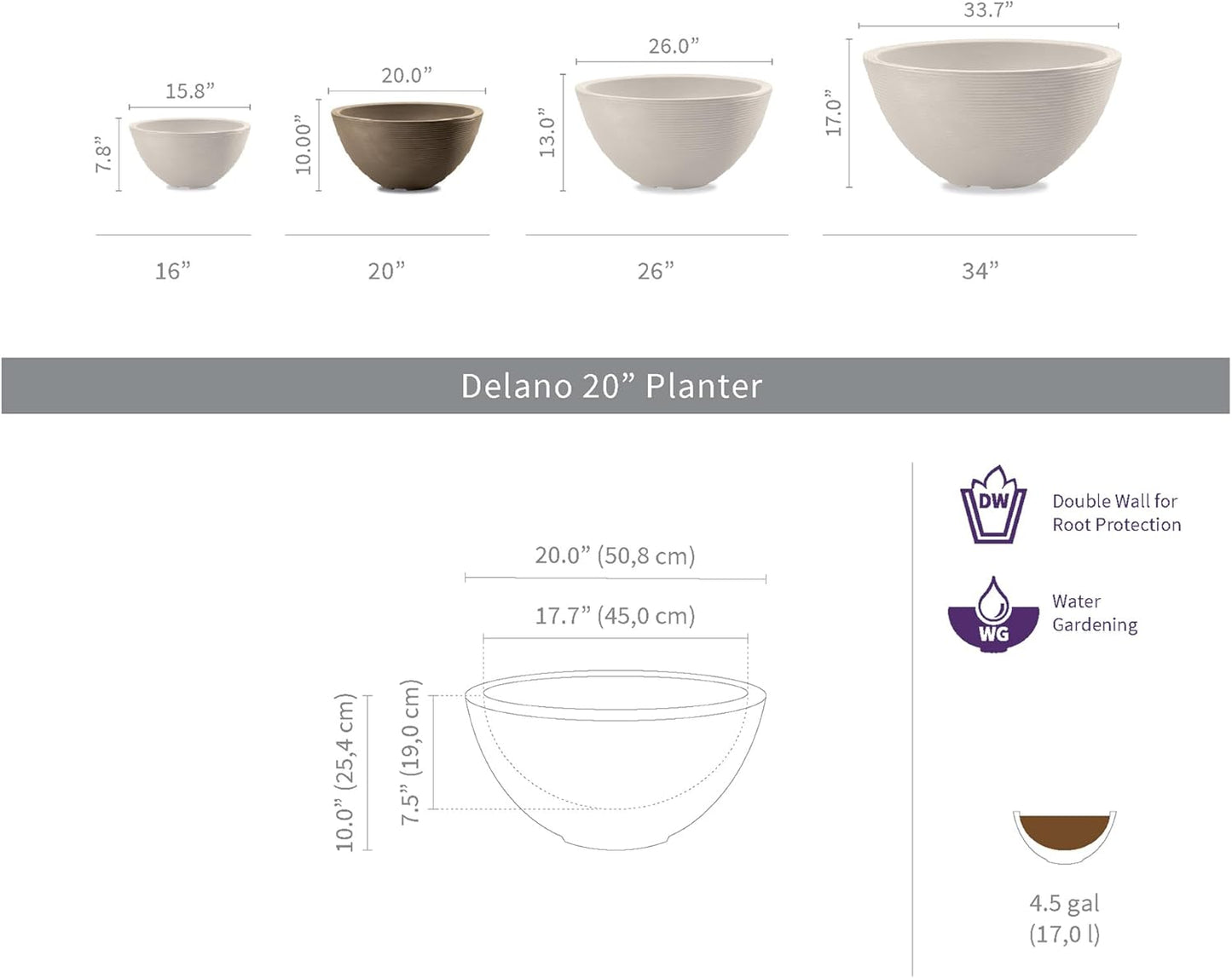 Crescent Garden Delano Bowl Planter, Indoor Outdoor Round Shallow Plant Pot for Water Garden, Bonsai Plant Pots, Succulents with Drain Hole - Double Walled Bowl Lotus Pot, 20" W (Mocha)