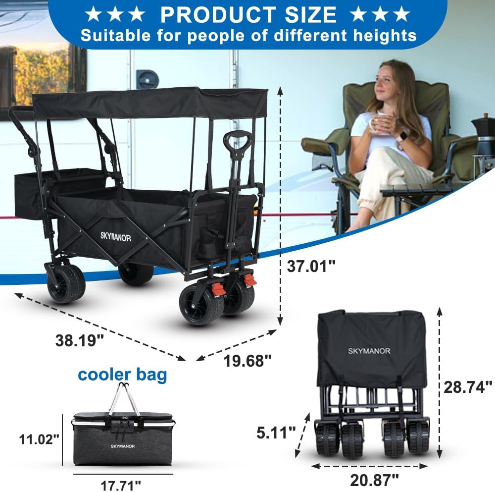 SKYMANOR Collapsible Wagon with Removable Canopy, 3-in-1 Heavy Duty Garden Cart with Big All-Terrain Wheels, Brakes, Adjustable Push Pull Handle, Cooler Bag, 300LBS Wagon Cart for Camping (Black)