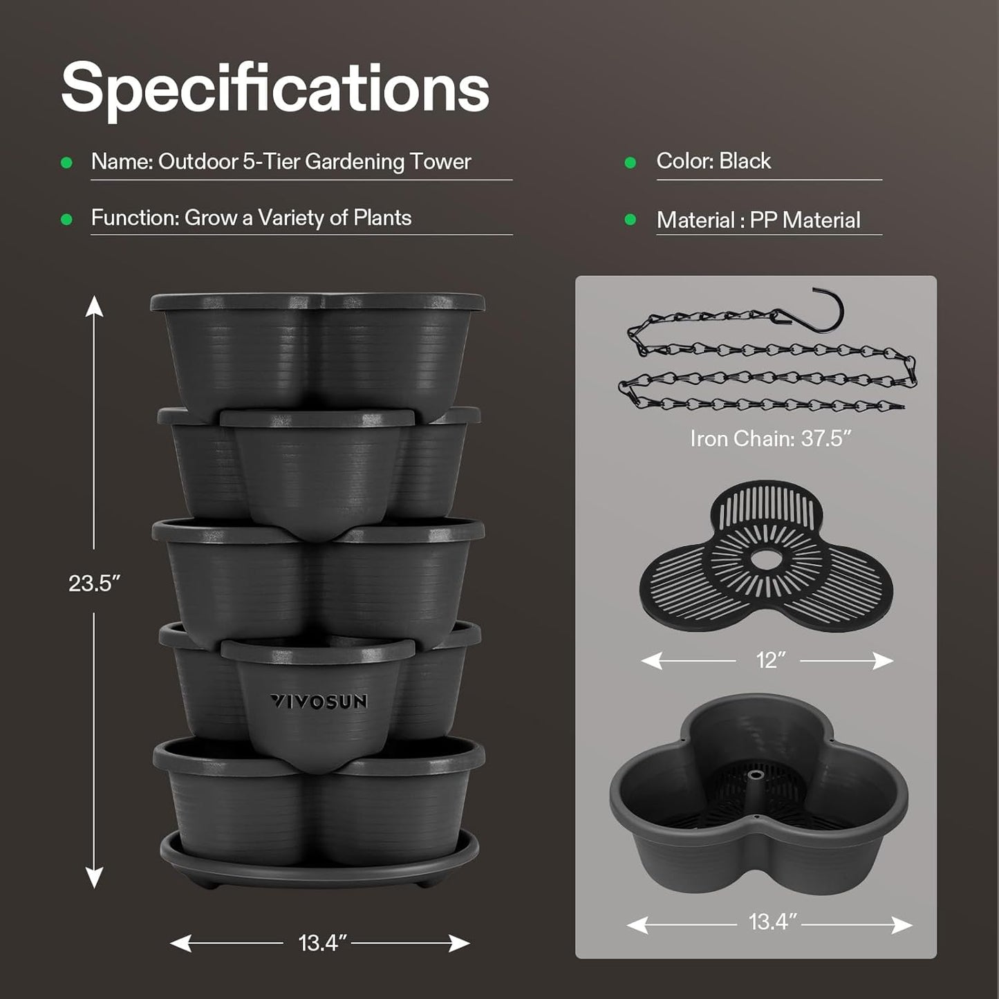 VIVOSUN 5 Tier Vertical Gardening Stackable Planter for Strawberries, Flowers, Herbs, Vegetables, Black