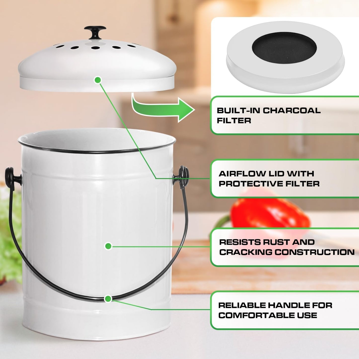 Plexon Countertop Compost Bin Kitchen with Lid, 1.5 Gallon Odorless Kitchen Compost Container, Steel Food Bucket with Charcoal Filter, Pail for Countertop, White