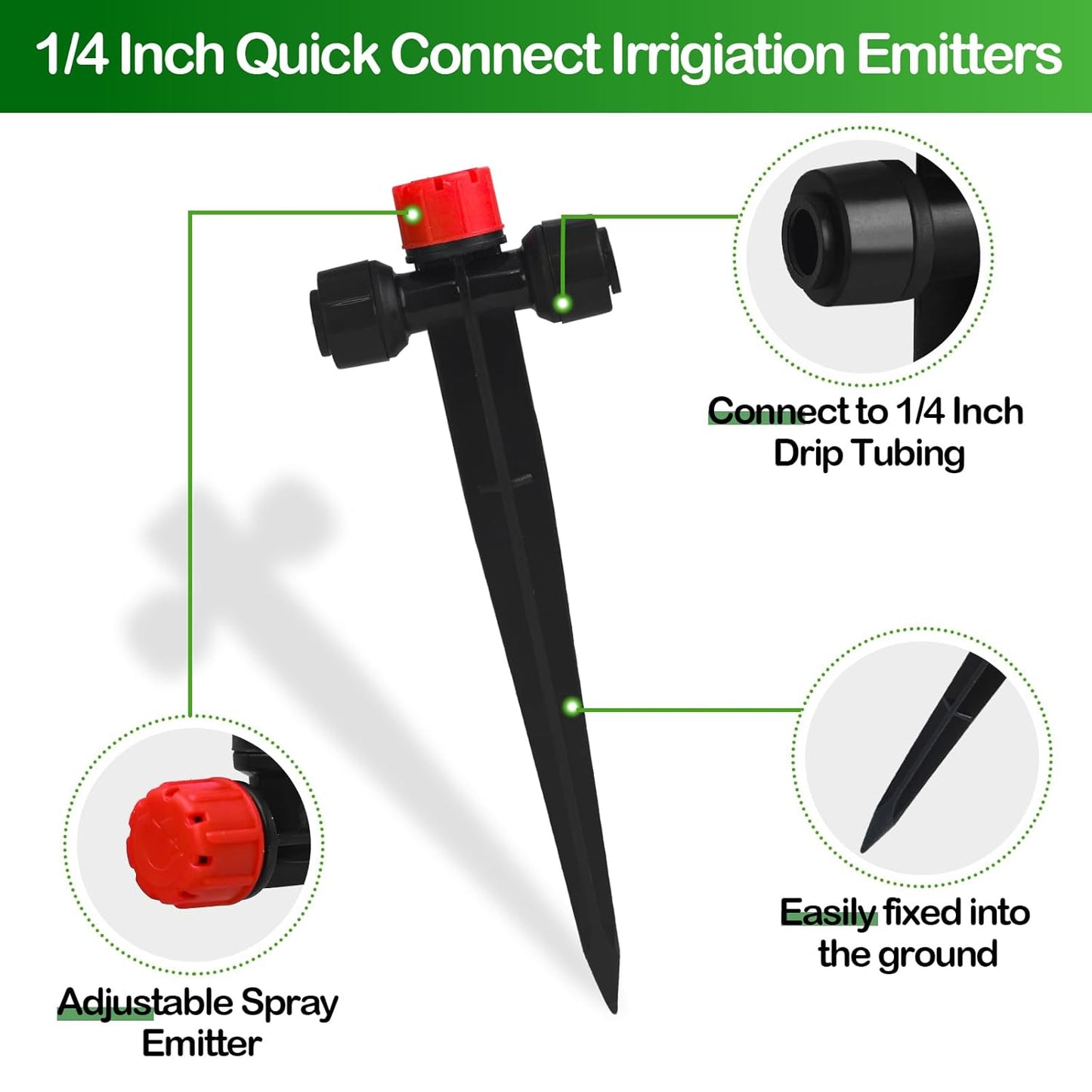 Push-to-Fit Drip Irrigation Emitters for 1/4" Drip Irrigation Tubing, 20 Pcs Adjustable 360 Degree Water Flow Drippers Sprayer on Stake 360° Full Circle Multi-Stream Irrigation In-line Dripper