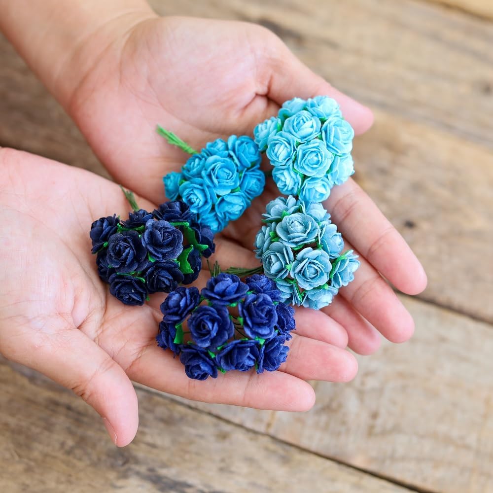 Handmade Mini Mulberry Paper Roses 18 mm Mulberry Paper Flowers Scrapbooking Wedding DIY Craft 50 pcs (Blue Tone)
