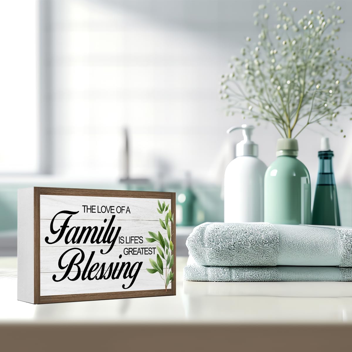 The Love of a Family is Life's Greatest Blessing Wooden Box Sign Decor,Rustic Family Wooden Block Plaque Sign for Home Farmhouse Living Room Bedroom Shelf Desk Table Wall Decor