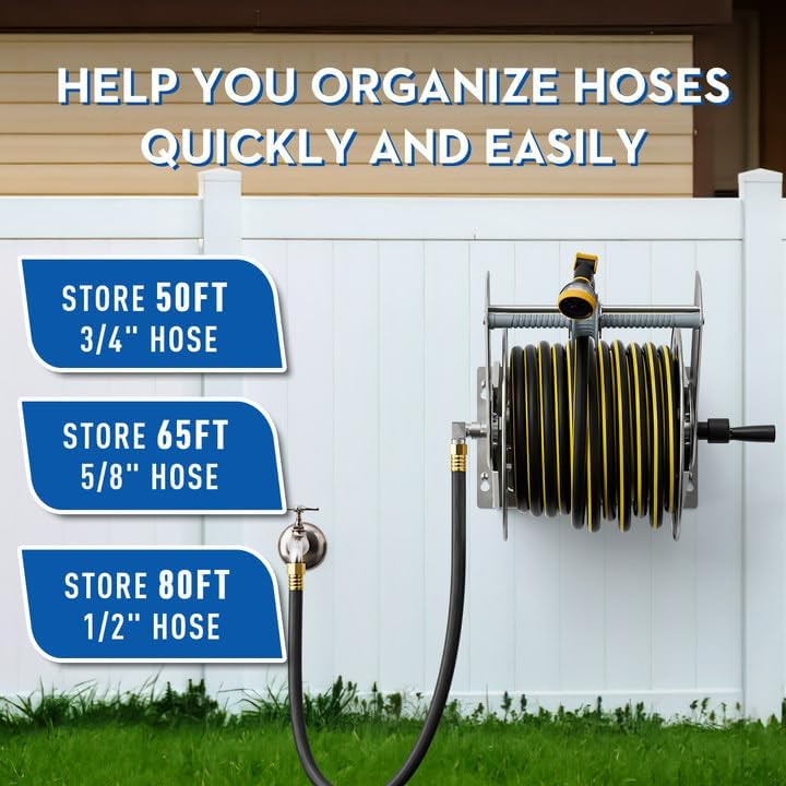GREENER Stainless Steel Hose Reel For Outside,Wall Mount Garden Hose Holder Heavy Duty Metal Water Hose Reel, 3/4" Solid Connector with 5/8" Inlet Hose and Crank,80-Feet 1/2" Capacity