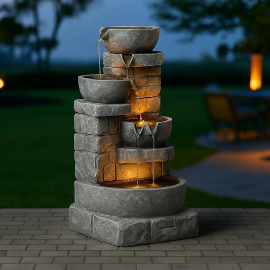 Teamson Home 33" Outdoor Water Fountain with LED Lights, 3-Tier Cascading Bowls, Weather-Resistant Resin Garden Water Feature for Patio, Lawn, and Backyard Decor – Stone Gray