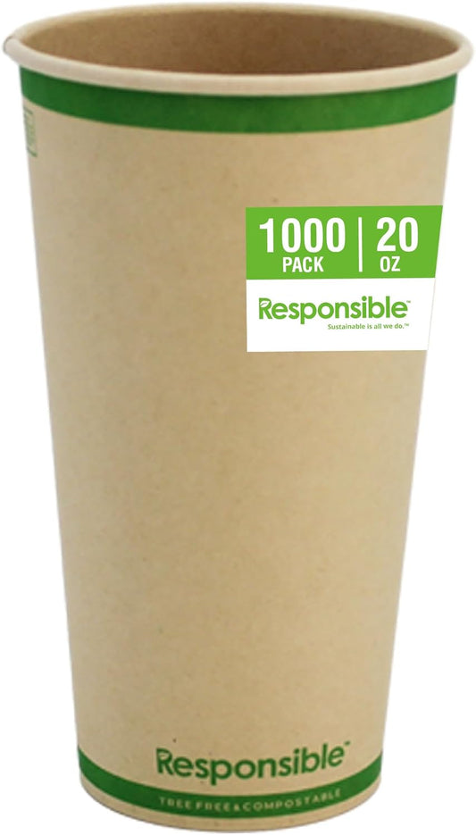 20 oz Paper Hot Cups, Tree-Less™ Compostable Paper Coffee Cups, Extra Strength, Tree-Free and Made Without PFAS, Natural Brown (1000 Count)