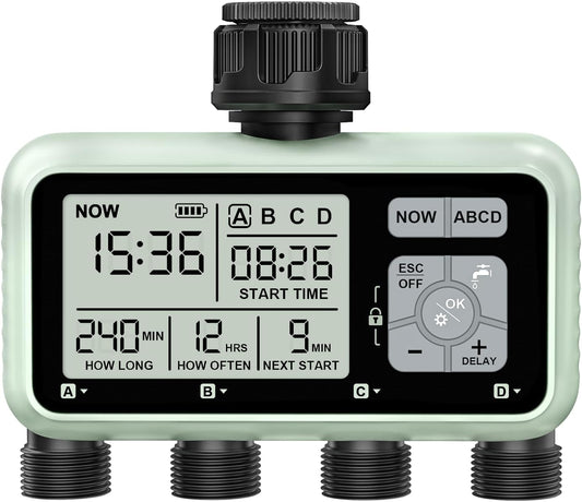 Watering Timer 4 Zone, Sprinkler Timer,Programmable Garden Outdoor Hose Faucet Timer with Rain Delay/Manual/Automatic Watering System,Water Hose Irrigation Timers 4 Outlet for Garden