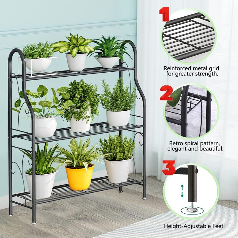 SORCEDAS Plant Stand Indoor Outdoor Plant Shelf 3 Tier Metal Corner Flower Stand Multiple Holder for Patio Garden Balcony Living Room, Dark Grey