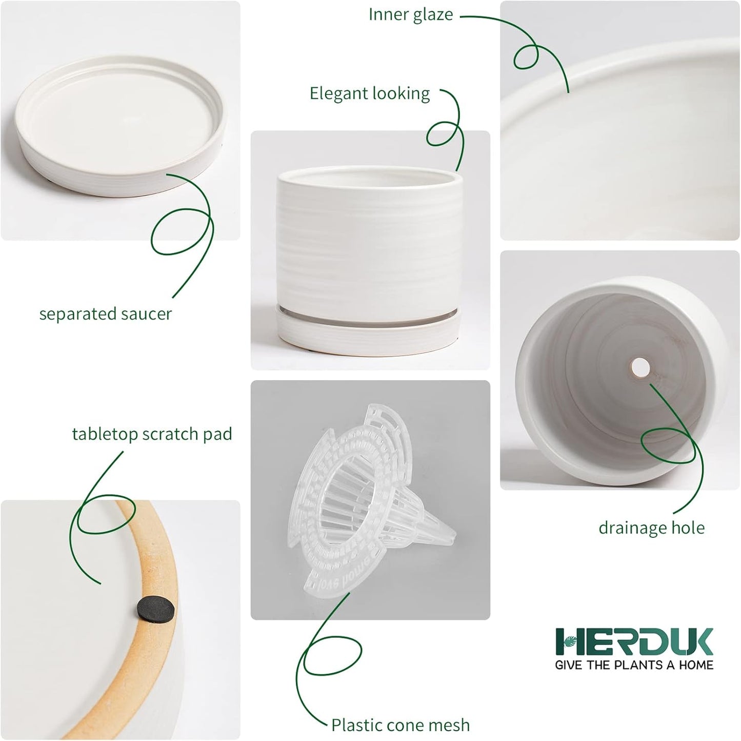 8 Inch Pots for Plants, Ceramic Planter Pot with Drainage Hole & Saucer, Indoor/Outdoor Cylinder Round Planter Pot, Matte White