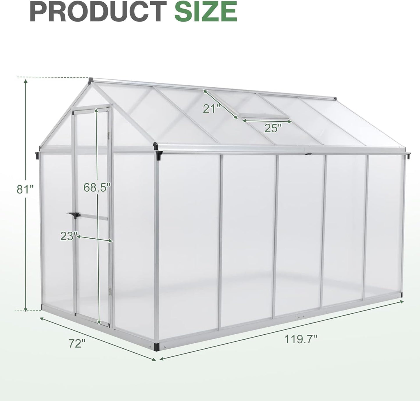 Aoodor 6 x 10 Ft Walk-in Greenhouse with Gutter, Polycarbonate and Heavy-Duty Aluminum Frame, Adjustment Skylight and Lockable 2-Sided Door for Patio, Outdoor, Yard, Lawn Use, Silver