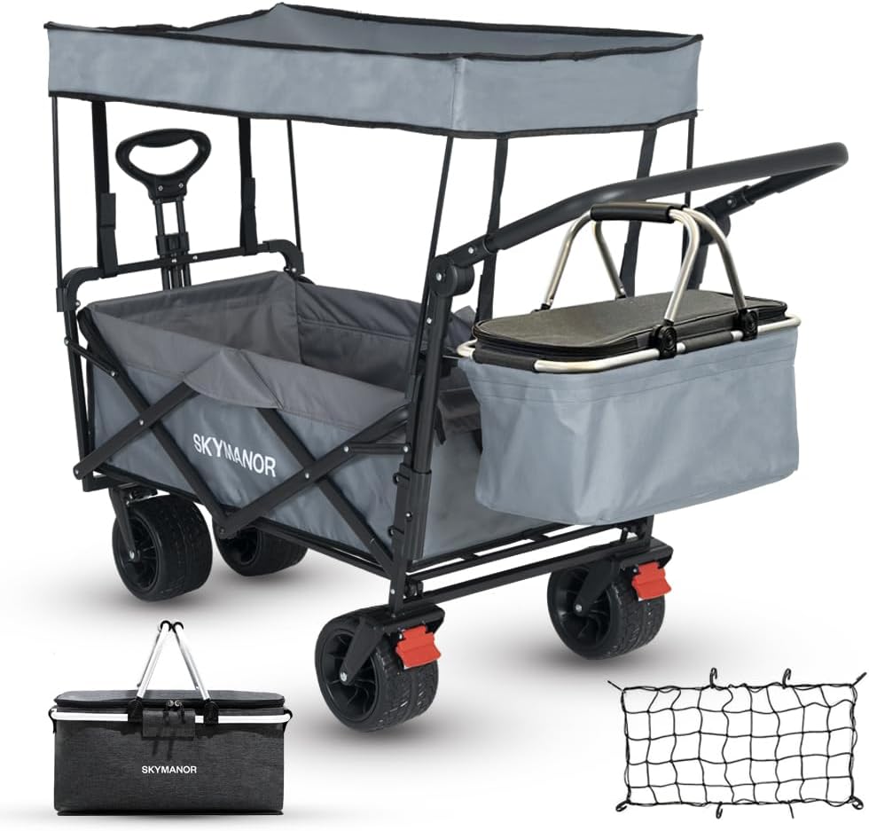 SKYMANOR Collapsible Wagon with Removable Canopy, 3-in-1 Heavy Duty Garden Cart with Big All-Terrain Wheels, Brakes, Adjustable Push Pull Handle, Cooler Bag, 300LBS Wagon Cart for Camping (Grey)
