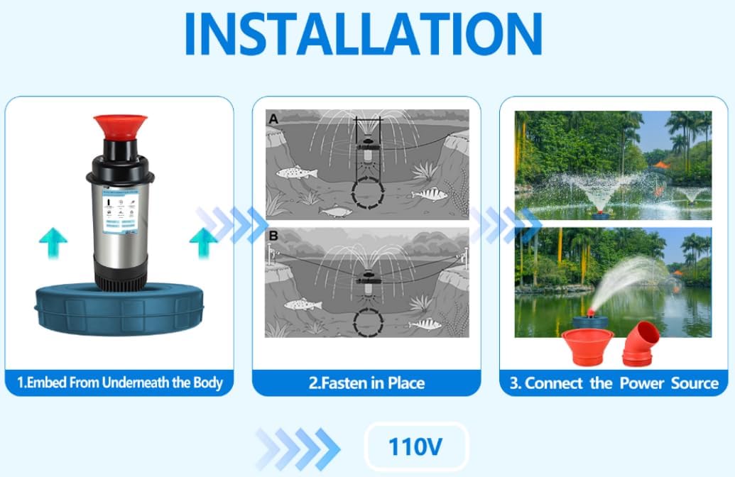 RGB LED Pond Fountain Aerator 750W with Color-Changing Light Show, 1HP 15000 GPH Floating Aerating Pump, 100ft Power Cord, Wireless and Time Control, Perfect for Ponds & Lakes (NO-RGB)