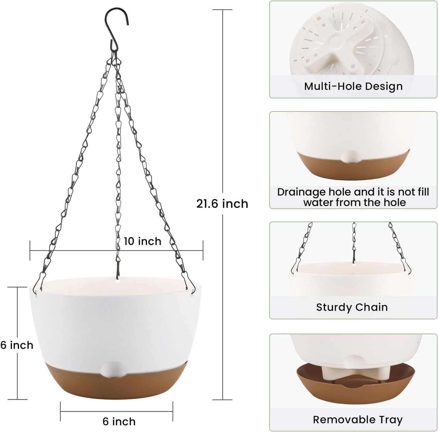 10 Inch Hanging Planter, 2 Pack Hanging Plastic Plant Self Watering Pot with Drainage Holes and Saucers, Hanging Baskets Flower Pots for Indoor Outdoor Garden Plants and Flowers-White