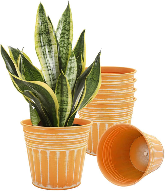 vensovo 7 Inch Orange Metal Rustic Flower Pots - 6Pcs Medium Galvanized Planters with Drainage Hole and Rubber Plug, Rustproof Metal Bucket Plant Pots Farmhouse Vintage Style for Decor