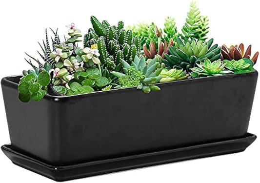 SQOWL 10 inch Ceramic Rectangular Succulent Planter Window Box Flower Planter Pot with Saucer for Indoor Plants Black