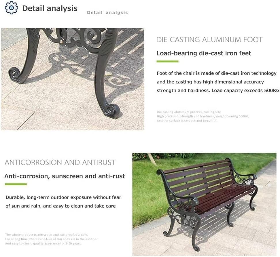 Outdoor Bench, Porch Bench, Garden Park Bench, Cast Aluminum Preservative Wood Bench with Backrest and Armrests for 2-3 People Porch/Deck/Patio Furniture(Brown+Antique Green Legs,150CM)